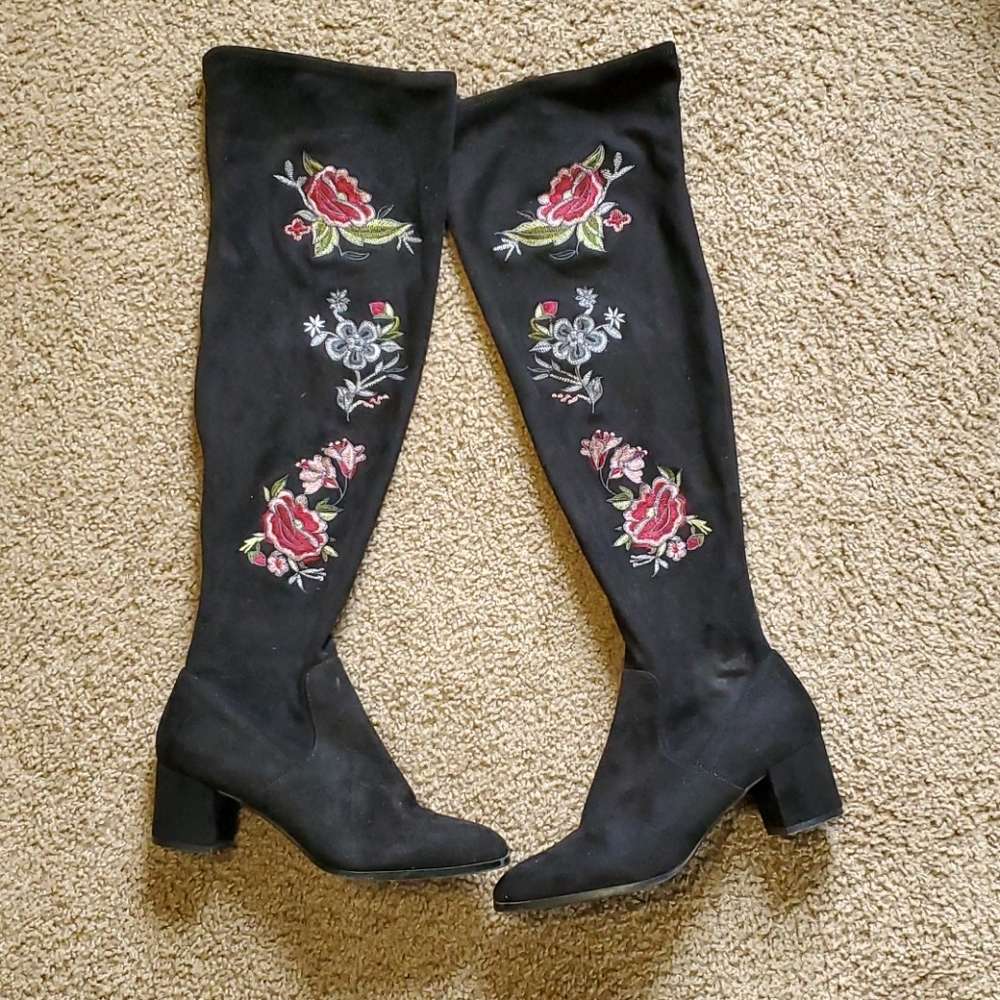 Black Embroidered Knee High Boots